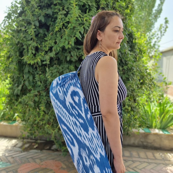 Handmade, handwoven blue ikat yoga mat bag, ethically made, fair-trade.