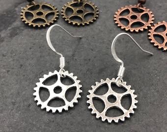 Small Bike Chainring / Bike Gear Dangle Earrings - Available in 4 different metal finishes