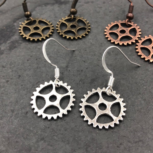 Small Bike Chainring / Bike Gear Dangle Earrings - Available in 4 different metal finishes