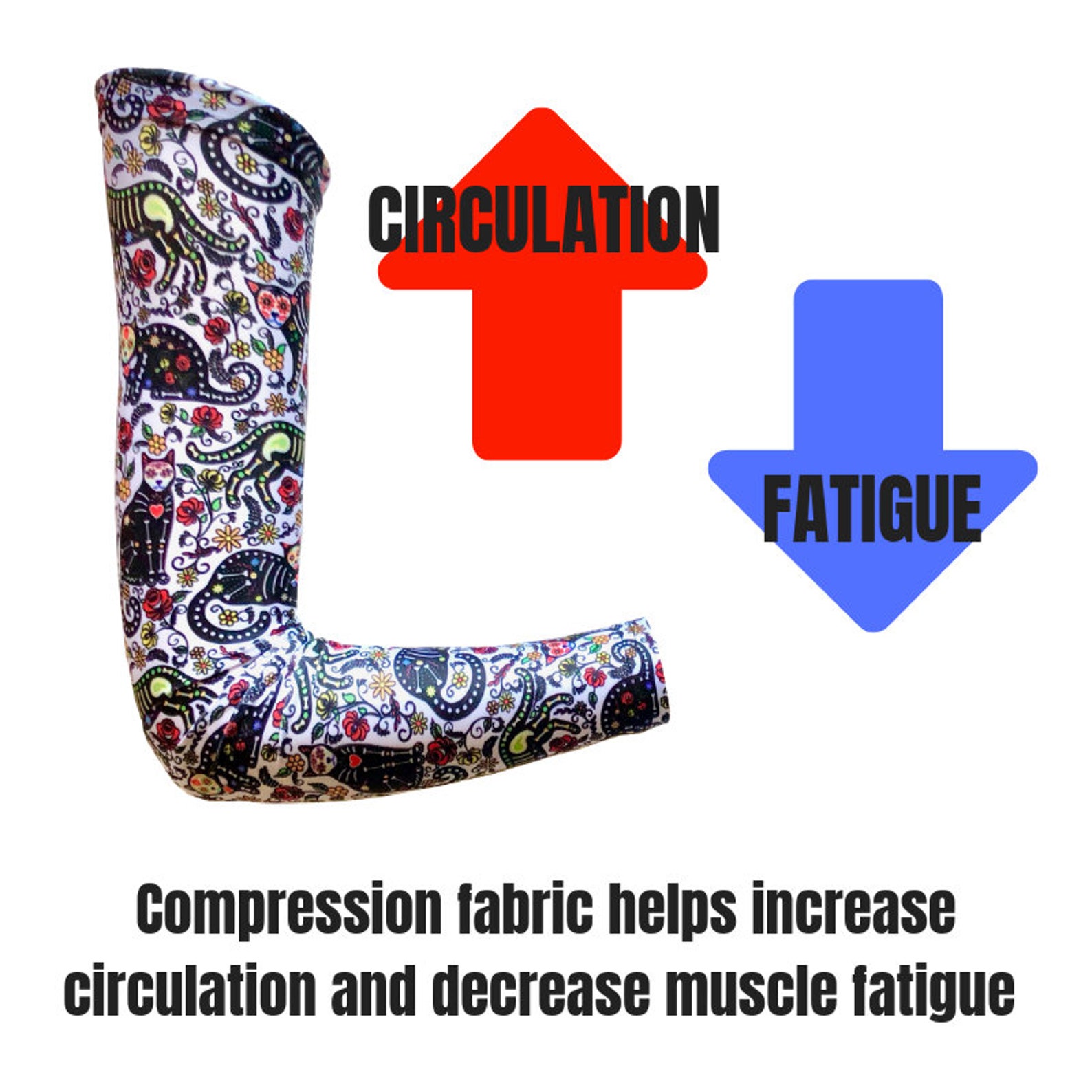 Printed Arm Warmers Day of the Dead Cats / Arm Sleeves, Arm Covers