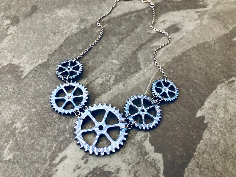 Blue Gears Bicycle Necklace / Bike Necklace Bicycle Jewelry Bike Jewelry Steampunk Mountain Bike Gift For Cyclist Industrial Jewelry Biker image 3