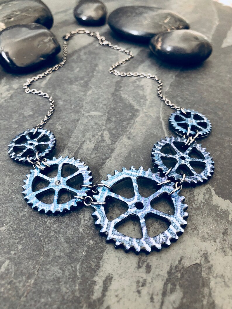 Blue Gears Bicycle Necklace / Bike Necklace Bicycle Jewelry Bike Jewelry Steampunk Mountain Bike Gift For Cyclist Industrial Jewelry Biker image 6