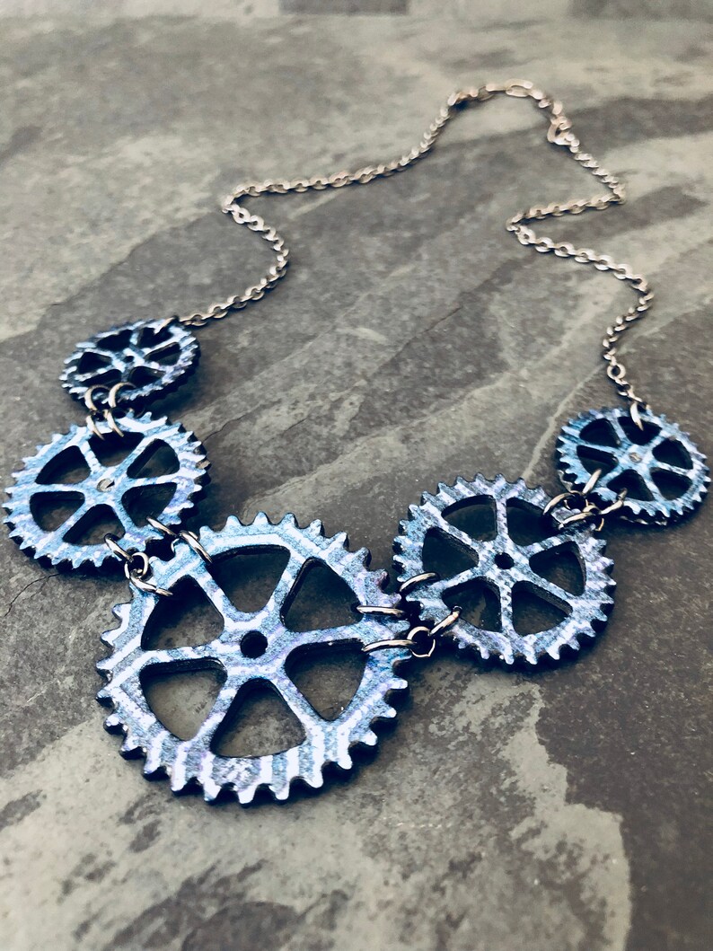 Blue Gears Bicycle Necklace / Bike Necklace Bicycle Jewelry Bike Jewelry Steampunk Mountain Bike Gift For Cyclist Industrial Jewelry Biker image 4