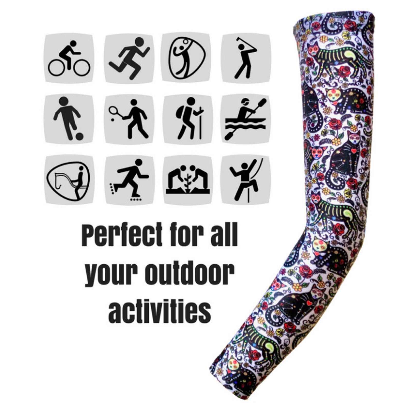Printed Arm Warmers Day of the Dead Cats / Arm Sleeves, Arm Covers