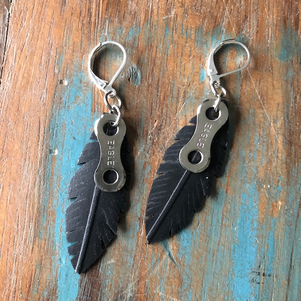 Recycled Bicycle Inner Tube Feather Earrings   | Bike Gift For Her, Mountain Bike Jewelry, Biking Jewelry, Bicycle Gift, Bike Jewelry