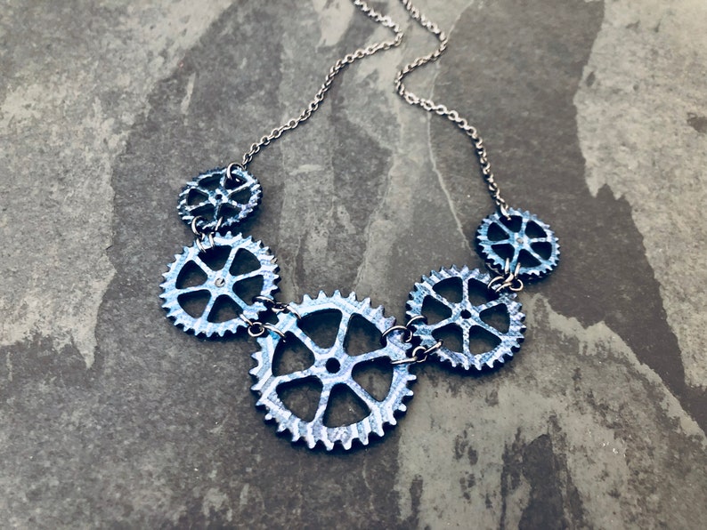 Blue Gears Bicycle Necklace / Bike Necklace Bicycle Jewelry Bike Jewelry Steampunk Mountain Bike Gift For Cyclist Industrial Jewelry Biker image 1