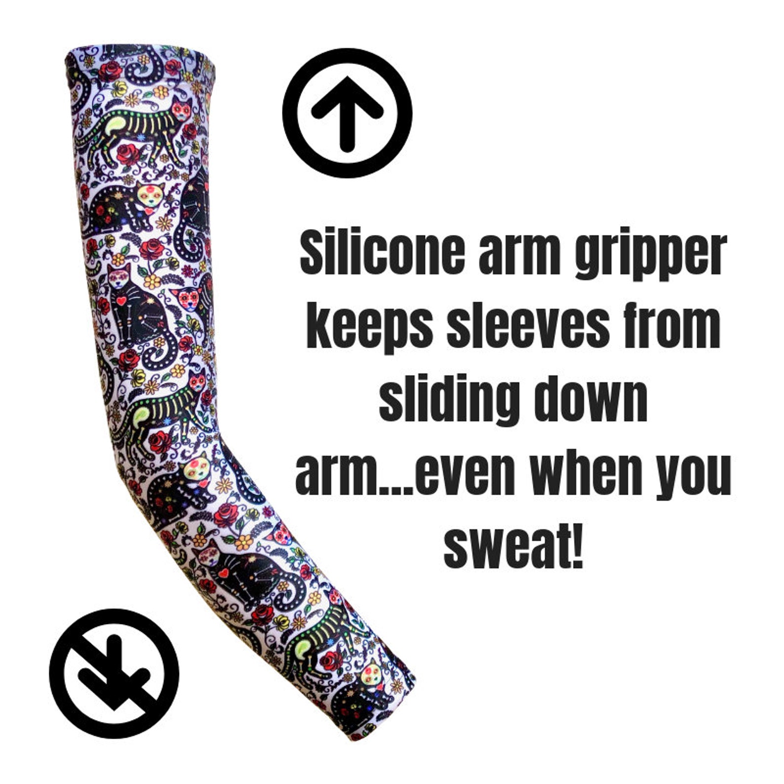 Printed Arm Warmers Day of the Dead Cats / Arm Sleeves, Arm Covers