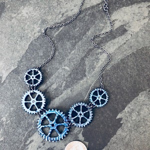 Blue Gears Bicycle Necklace / Bike Necklace Bicycle Jewelry Bike Jewelry Steampunk Mountain Bike Gift For Cyclist Industrial Jewelry Biker image 5