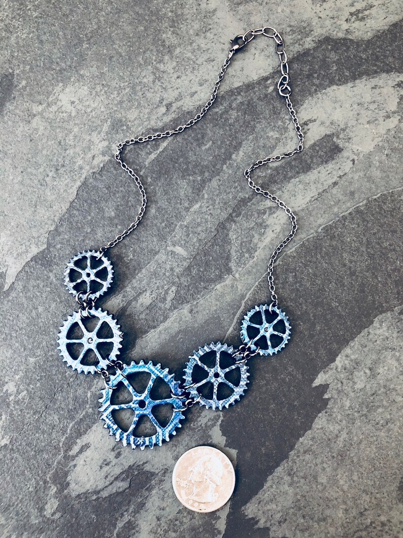 Blue Gears Bicycle Necklace / Bike Necklace Bicycle Jewelry Bike Jewelry Steampunk Mountain Bike Gift For Cyclist Industrial Jewelry Biker image 5