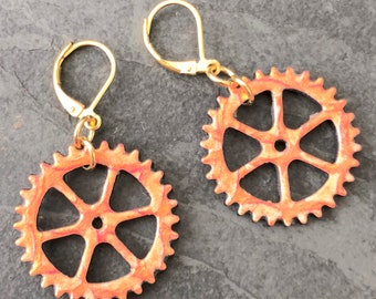 Coral Hand Painted Bicycle Gear Earrings / Bicycle Jewelry, Bike Jewelry, Bike Earrings, Mountain Bike, Bike Gift For Her, Bicycle Gifts