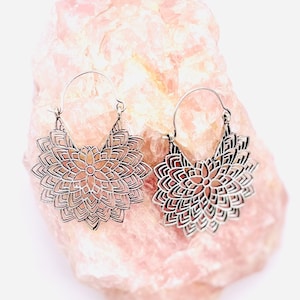 Sacred Geometry Flower of Life hoop earrings | Silver finish | Seed of Life Earrings | Mandala Earrings