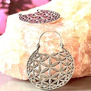 Sacred Geometry Flower of Life hoop earrings | Silver finish | Seed of Life Earrings | Mandala Earrings