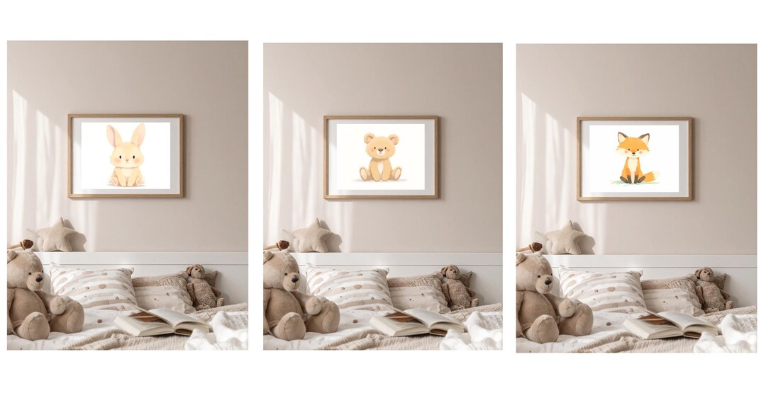 Woodland Nursery Wall Art Set of 3, Neutral Baby Room Decor, Fox Bear ...