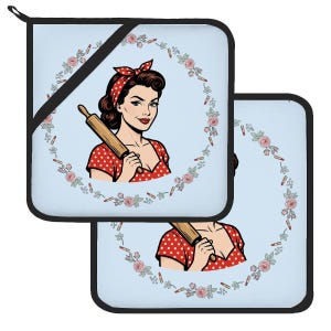 May include: Two square pot holders with a light blue background, featuring a central illustration of a person with dark hair, a red polka dot headscarf, and a red polka dot top, holding a wooden rolling pin, surrounded by a floral wreath.