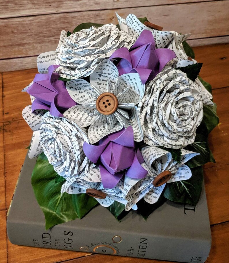 Wedding Flowers Buttons Book Paper Flower Bouquet- Rustic Bridesmaid Bookworm