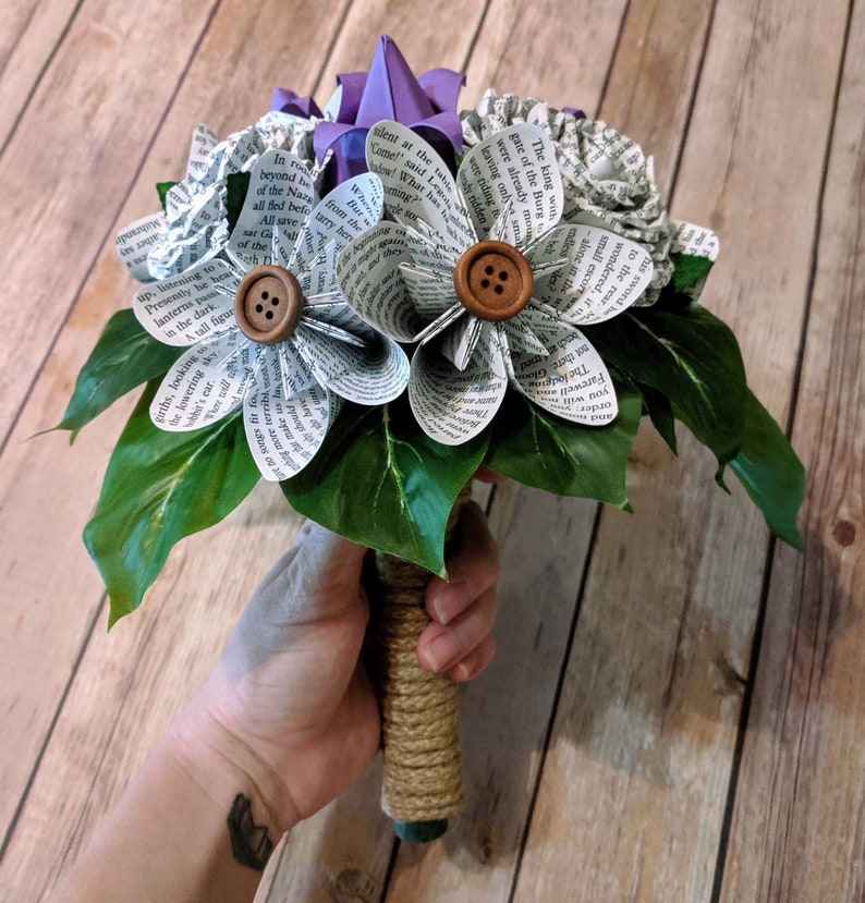 Wedding Flowers Buttons Book Paper Flower Bouquet- Rustic Bridesmaid Bookworm