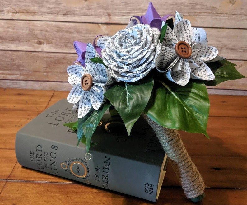 Wedding Flowers Buttons Book Paper Flower Bouquet- Rustic Bridesmaid Bookworm