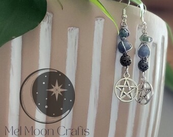 Pentagram Charm Blue Aventurine and Moss Agate Wire Wrap Dangle earrings handmade hypoallergenic hook style