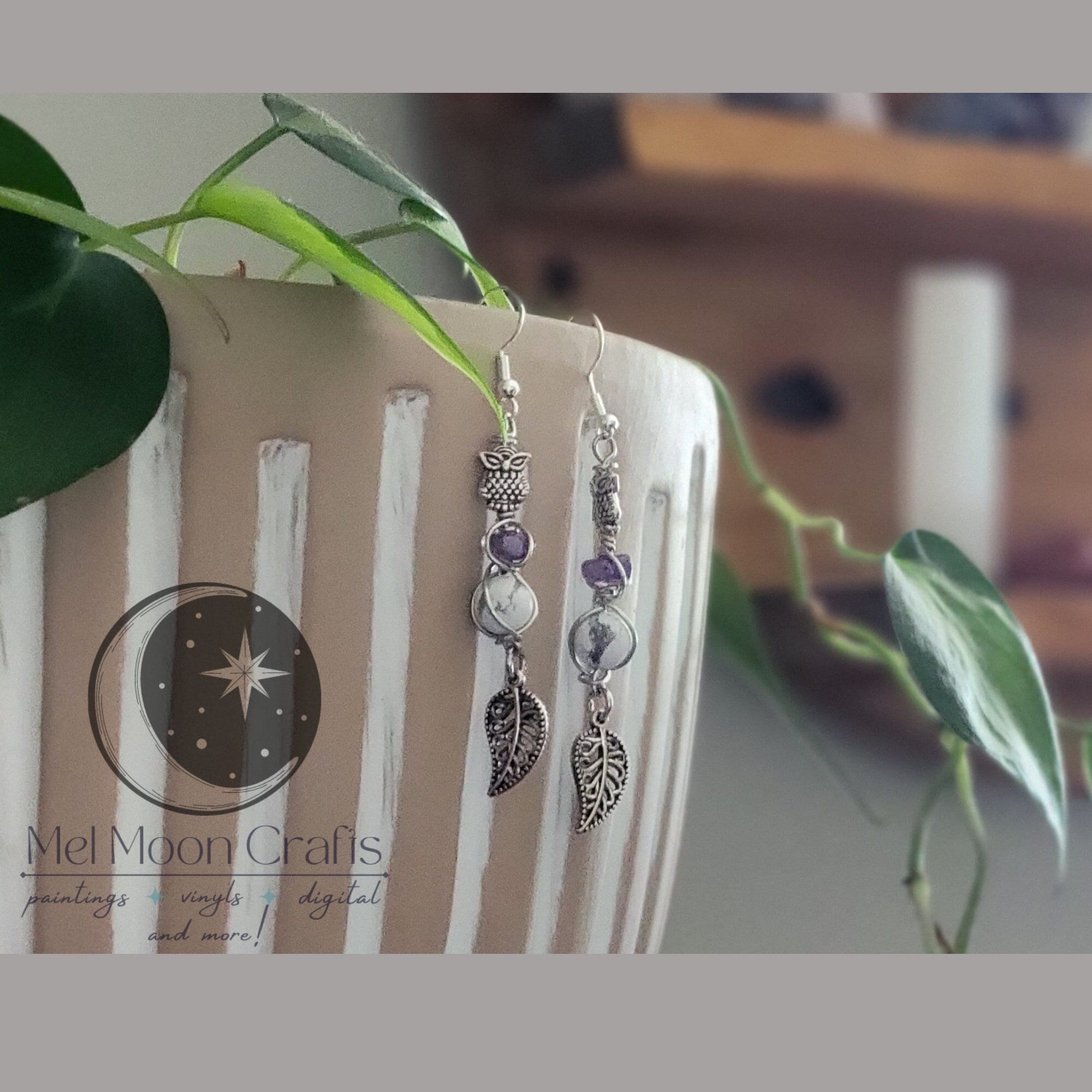 Handmade Howlite Amethyst Earrings: Owl Leaf Charm, Hypoallergenic