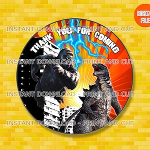 Godzilla vs Kong Danke Anhänger, Godzilla Favor Label, rundes Godzilla Etikett, Godzilla Topper, Godzilla Aufkleber, Godzilla Vs King Kong