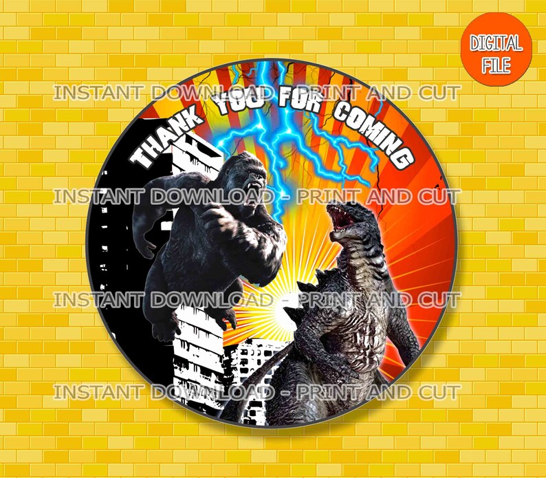 Godzilla Vs Kong Thank You Tag, Godzilla Favor Label, Round Godzilla ...
