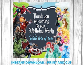 Superheroes and Princesses thank you favor Tags, Superheroes and Princesses Birthday, Superheroes and Princesses party printable