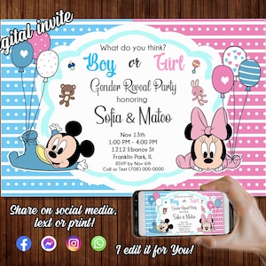 Baby Gender Reveal, Baby Shower Invitations, Minnie and Mickey Gender Reveal Invitation, revelacion de genero, mickey mouse gender reveal