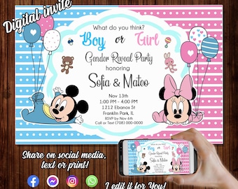 Baby Gender Reveal, Baby Shower Invitations, Minnie and Mickey Gender Reveal Invitation, revelacion de genero, mickey gender reveal invite.