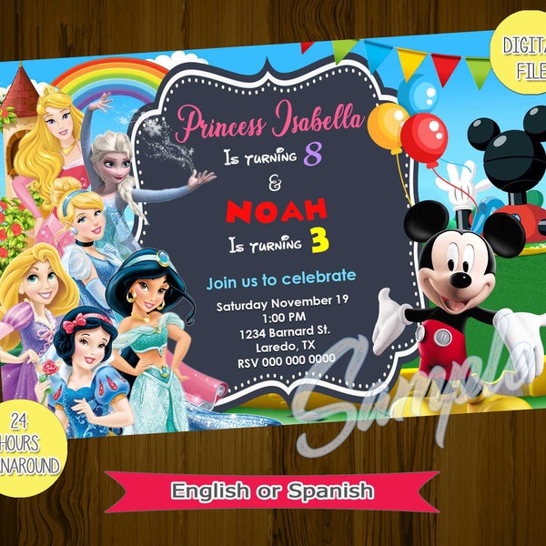 Sibling invite, princesses and mickey invite, Princess and Mickey invitation, Sibling birthday party, fiesta de cumpleaños doble