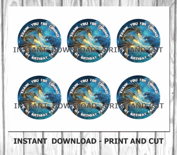 24 Personalised Godzilla Stickers Round Party Labels Set 2