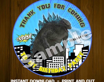 Godzilla Thank you Tag, godzilla Favor Label, round godzilla label, Godzilla toppers, godzilla stickers, godzilla tags, godzilla party