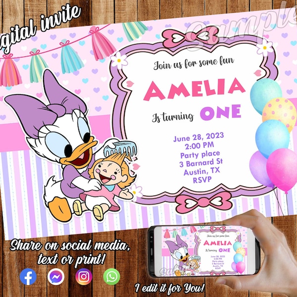 Daisy Duck Birthday Invite, Digital, Baby Daisy Duck invitation, Daisy duck party