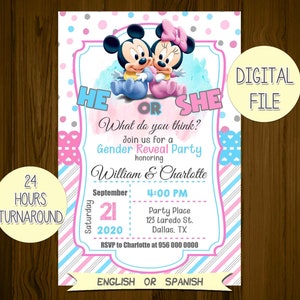 Baby Gender Reveal party, Baby Shower Invitations, Minnie and Mickey Gender Reveal Invitation, revelacion de genero,  baby gender reveal