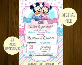 Baby Gender Reveal party, Baby Shower Invitations, Minnie and Mickey Gender Reveal Invitation, revelacion de genero,  baby gender reveal.