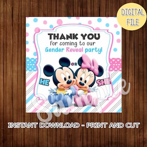 Mickey en Minnie-labels babyshower, baby gender reveal party, gender reveal douche, gender reveal bedankkaartje, Mickey en Minnie-label