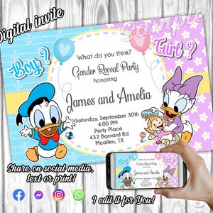 Baby Gender Reveal, Baby Shower Invitations, Baby daisy, Donald and Daisy Gender Reveal Invitation, Donald duck and daisy baby shower invite