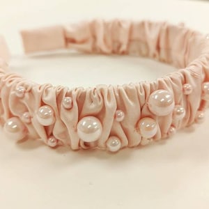 satin ruched headband /blush pink Pearl satin Headband/ Pearl hair crown/ Bridal headband/ blush pink hair crown /wedding headband