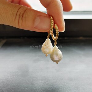 Baroque pearl drop earrings/ French girl style/ pearl earrings/ 14k gold filled semi hoop earrings/ pearl hoop/Handmade Jewlery