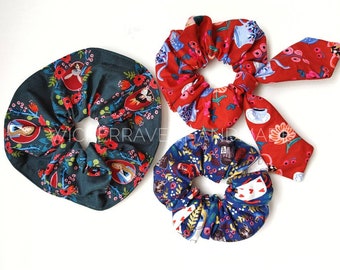 Garden tea party , 3 Cotton Hair Scrunchies set / alice in wonderland scrunchies / tea pot scrunchie / scrunchie with bow / scrunchie set /