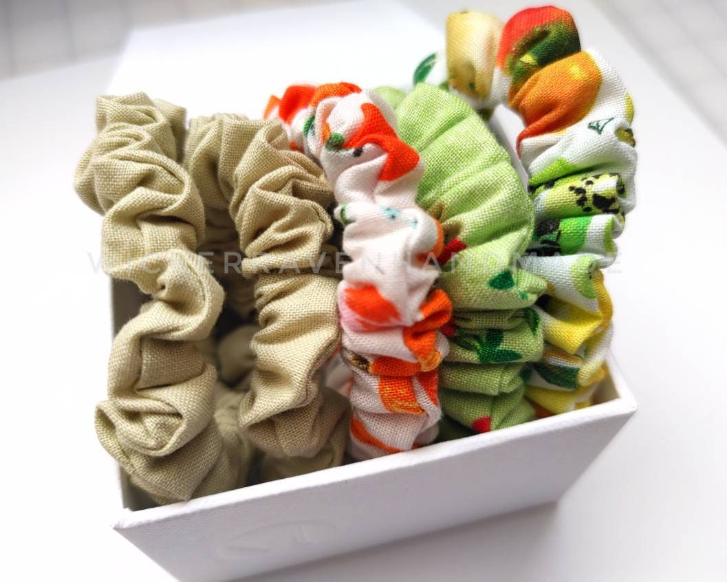 Fruity multicolored Cotton Hair Scrunchy / Skinny Scrunchies  / Skinny hair Tie / cotton hair tie / No snag Hair tie/ set of 5 hair ties