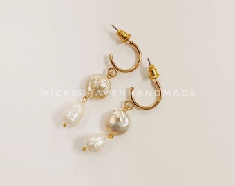Fresh water pearl drop earrings/ French girl style/ pearl earrings/ 14k gold filled semi hoop earrings/ pearl hoop/ Handmade Jewlery