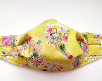 Yellow Floral face mask. 3 layer face mask. Triple layer face mask.  sew in non-woven polypropylene. Reusable, sustainable, washable mask.
