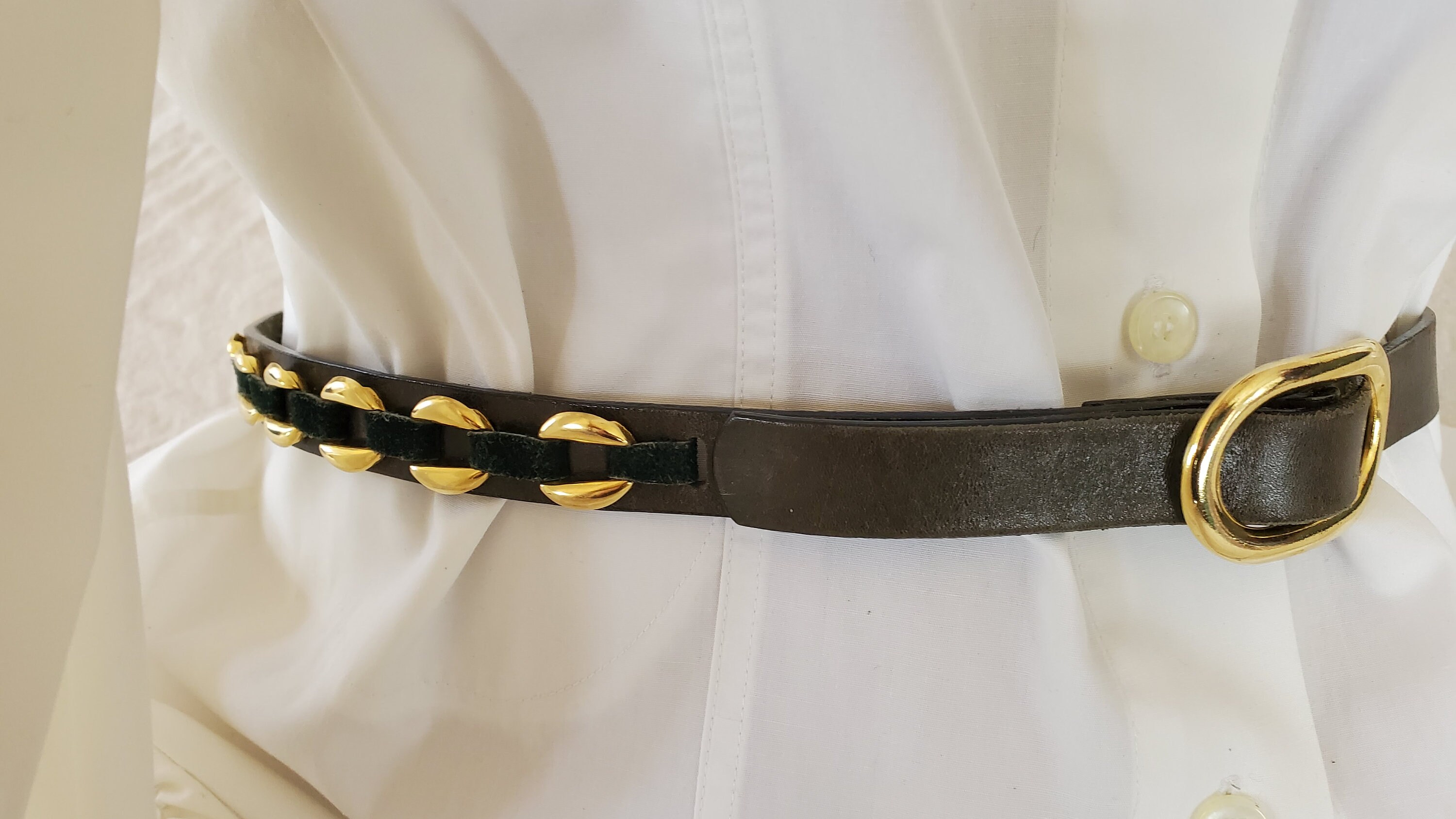Vintage Gray Leather Belt with Gold Wave Buckle M-L Western Ranger Belt Antique Gold Engraved Buckle Set Oil  main image 2