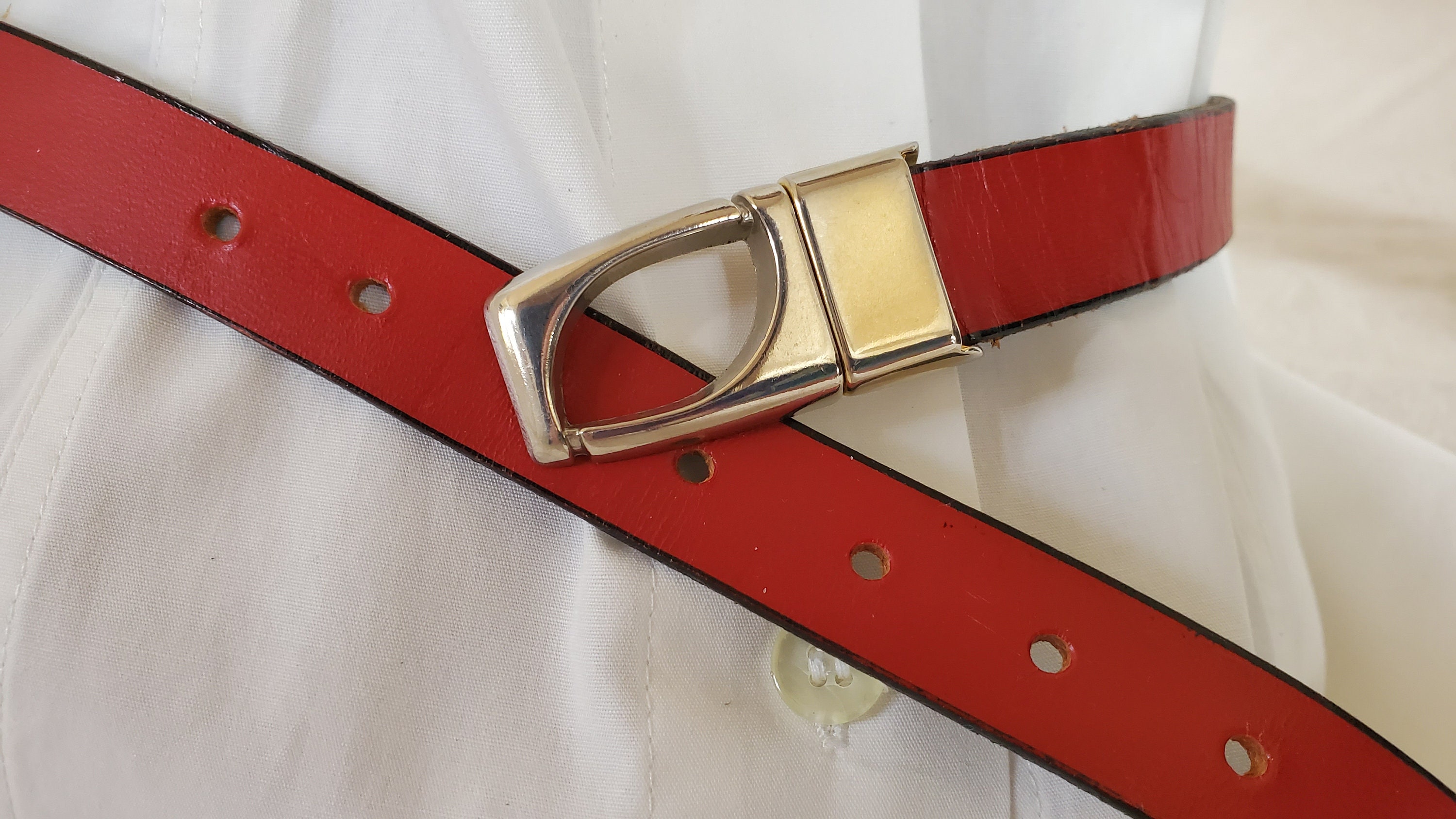 Vintage 80’s Leather Shop Statement Belt Red Leather Metal Elastic Sz M Artisan 1980s Yves Saint Laurent Red Leather Belt – Style & Salvage main image 3
