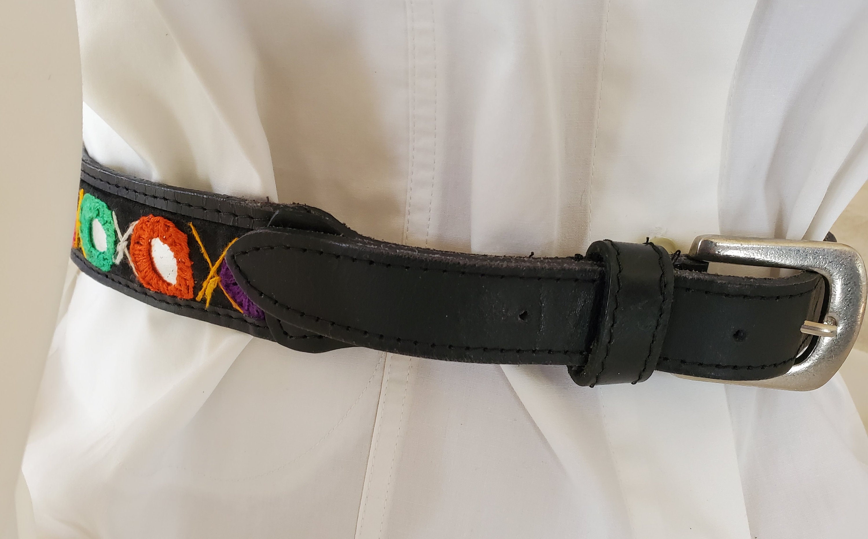 Vintage Black Leather multi color belt Vintage Black Leather Multi-color Mirrored Belt - Etsy main image 2