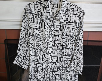 Vintage zijden Allison W unieke zwart-witte damesblouse met geometrisch ontwerp