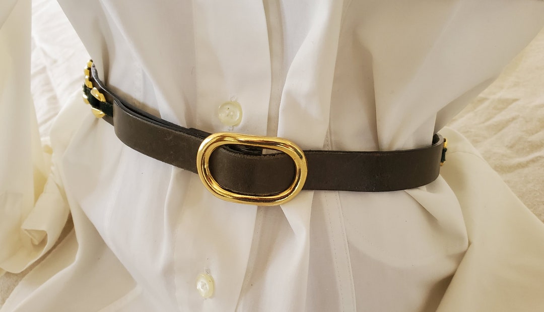 Vintage Slate Gray Leather Belt With Gold Toned Metal  display picture 1
