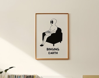 Alien art print , Funny ufo illustration, Cute minimalist wall art, Simple doodle artwork, Modern gallery wall decor, Alien fan gift