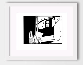 Coffee Illustration Character, Modern prints wall art | Funny minimal Wall Art | Quirky wall art | Grim Reaper Art | Skull | Funny art print
