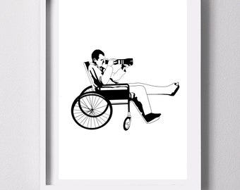 Rear Window Movie Poster , Alfred Hitchcock Wall Art ,Quirky illustration gift, funny drawing , Hitchcock movie art,Minimalist Art Print,